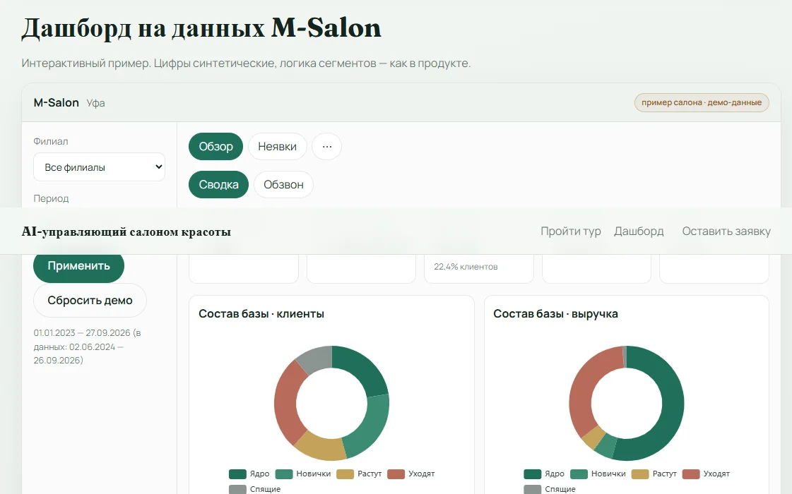 M-Salon dashboard: KPIs, segment mix, and weekly recommendations