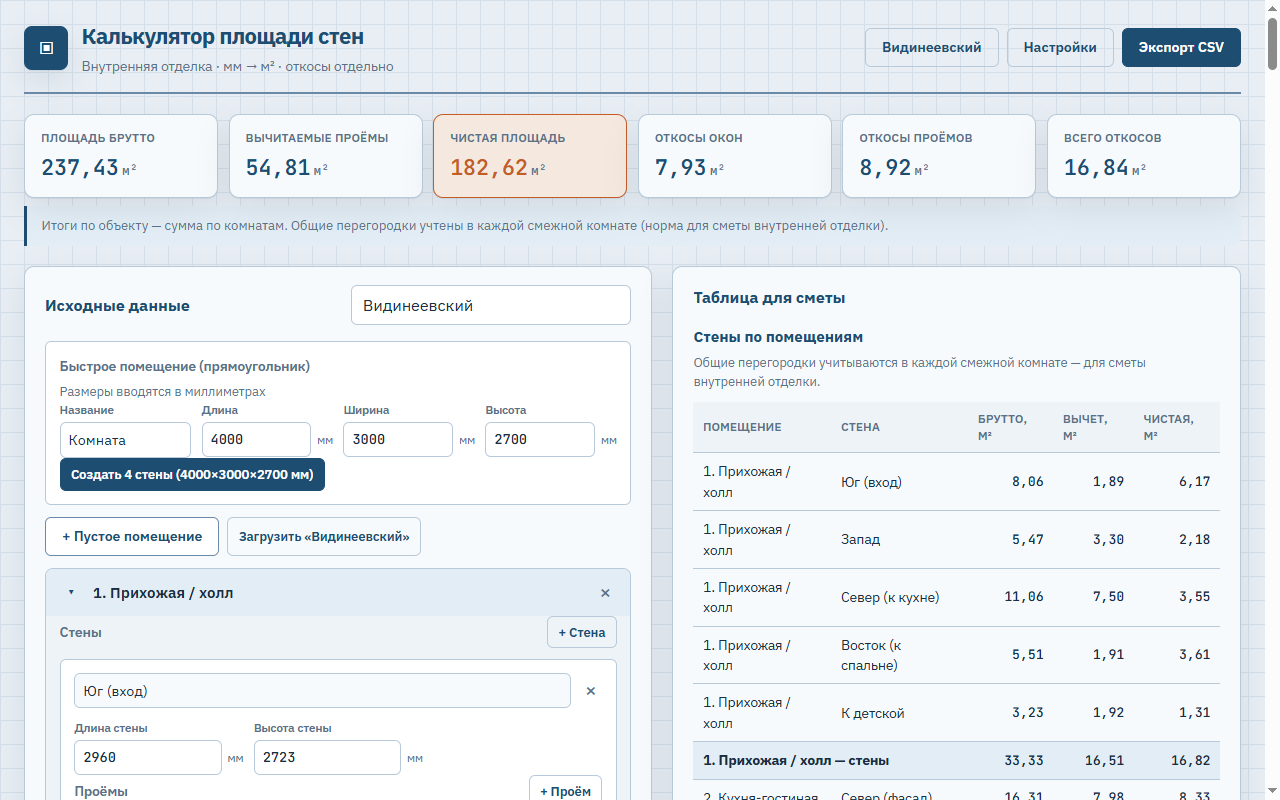 Wall-area calculator: project totals and estimate table with a real-project preset